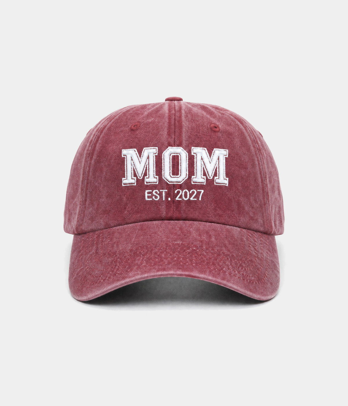 WASHED MOM EST 2027. washed cotton dad cap in RED, front view