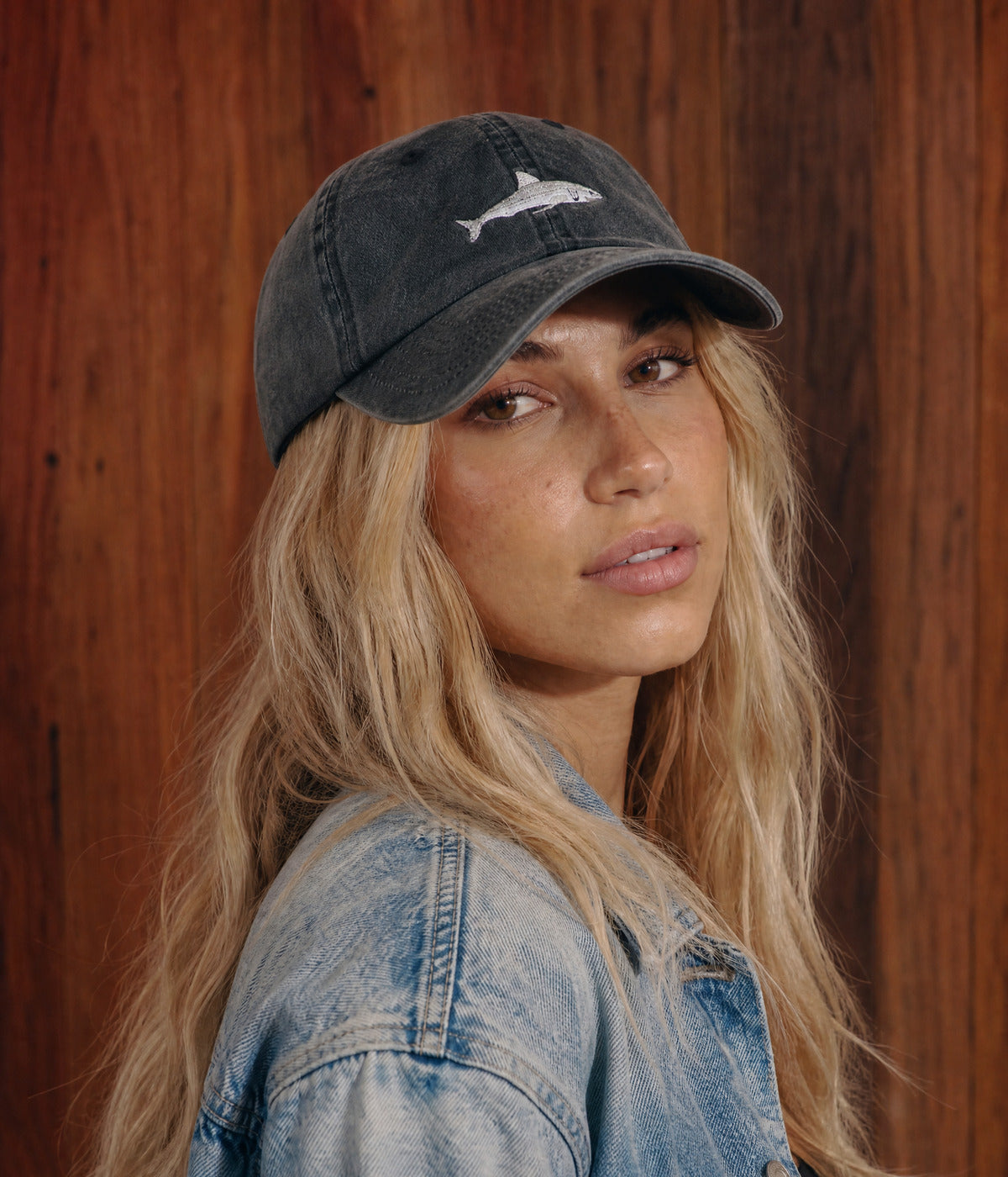 WASHED SHARK. BLACK worn by a woman