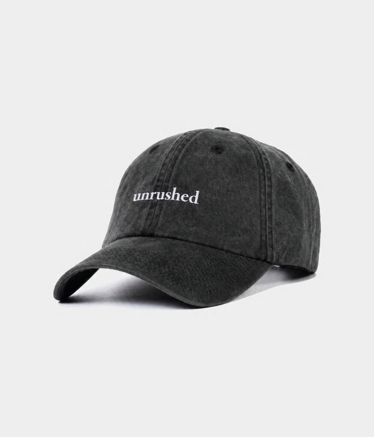 WASHED UNRUSHED. washed cotton cap in black, side view