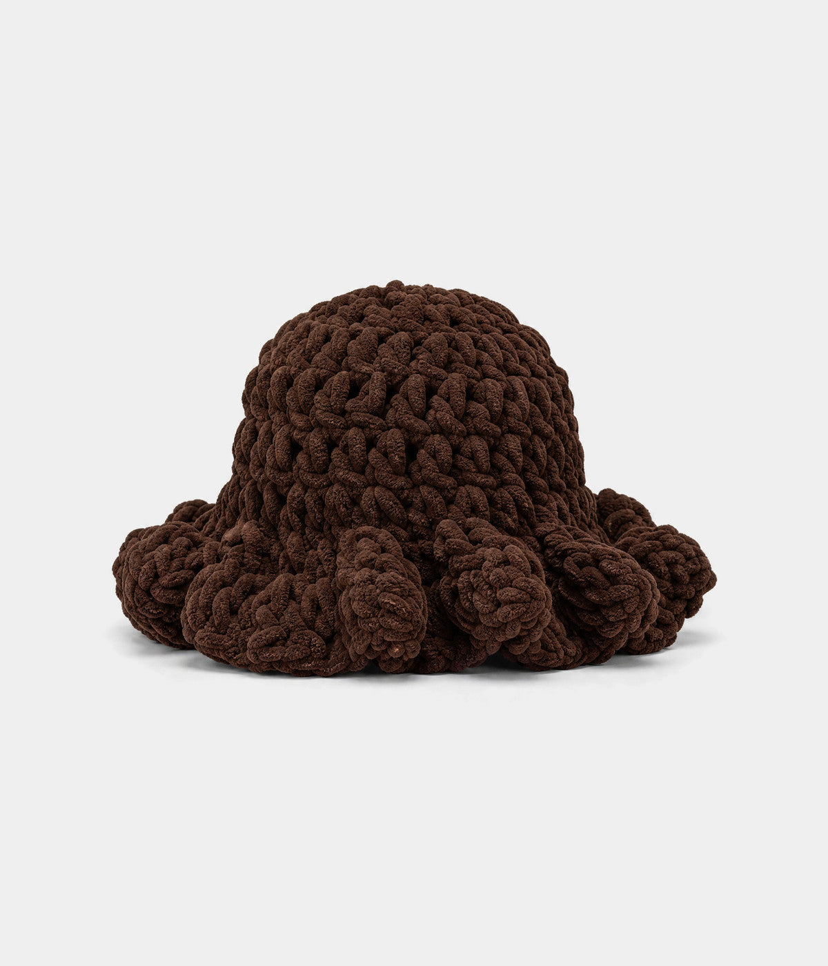 CROCHET RUFFLE BUCKET. crochet bucket hat in BROWN, front view