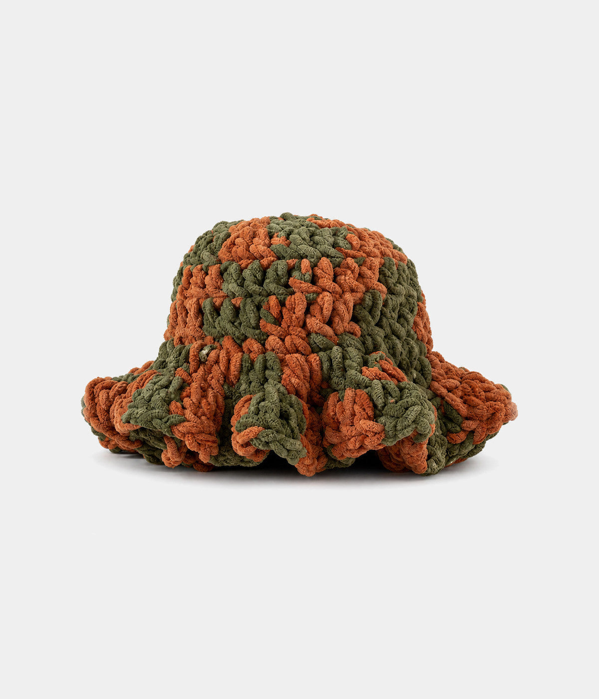 CROCHET RUFFLE BUCKET. crochet bucket hat in CAMO, front view
