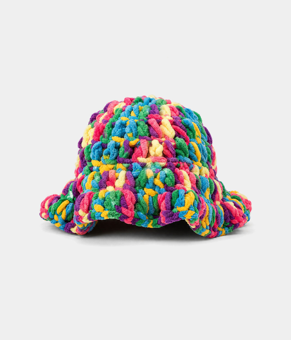 CROCHET RUFFLE BUCKET. crochet bucket hat in MULTI, front view