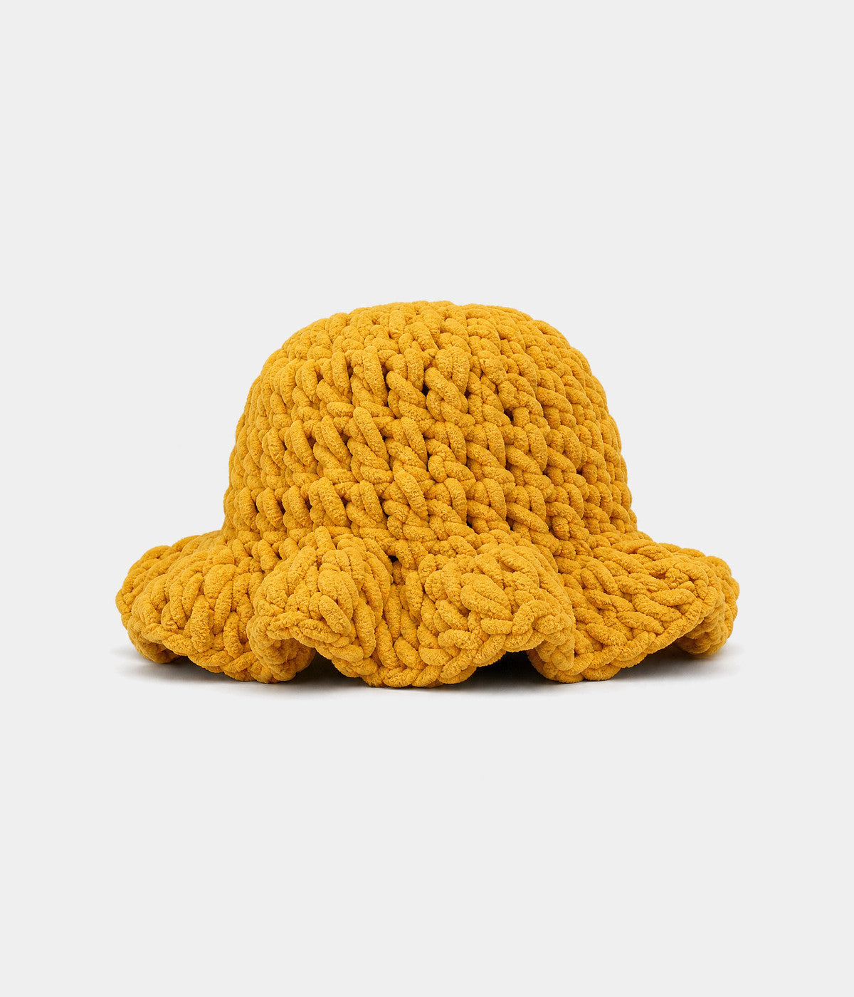 CROCHET RUFFLE BUCKET. crochet bucket hat in MUSTARD, front view