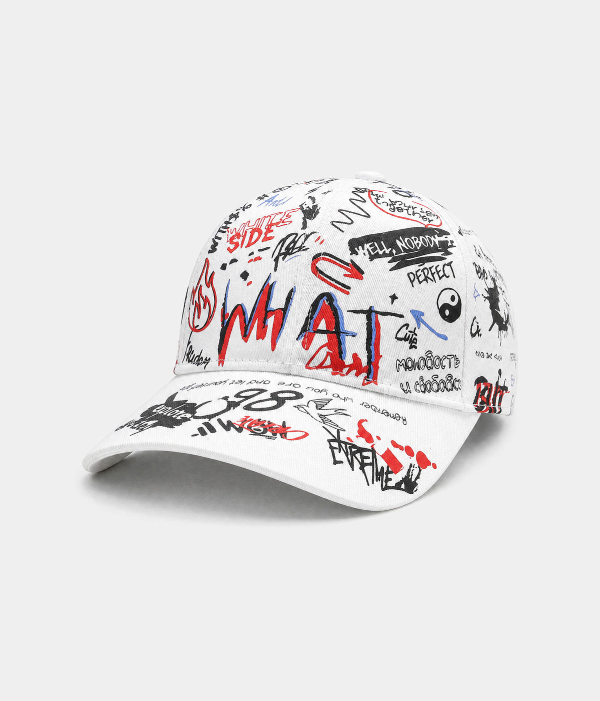 GRAFFITI CAP. printed cap in WHITE/RED, side view