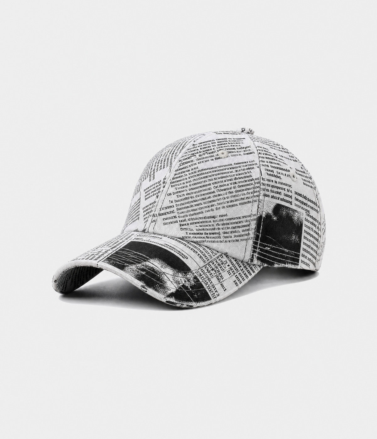 NEWSPRINT. cotton twill newsprint-print cap in white, side view