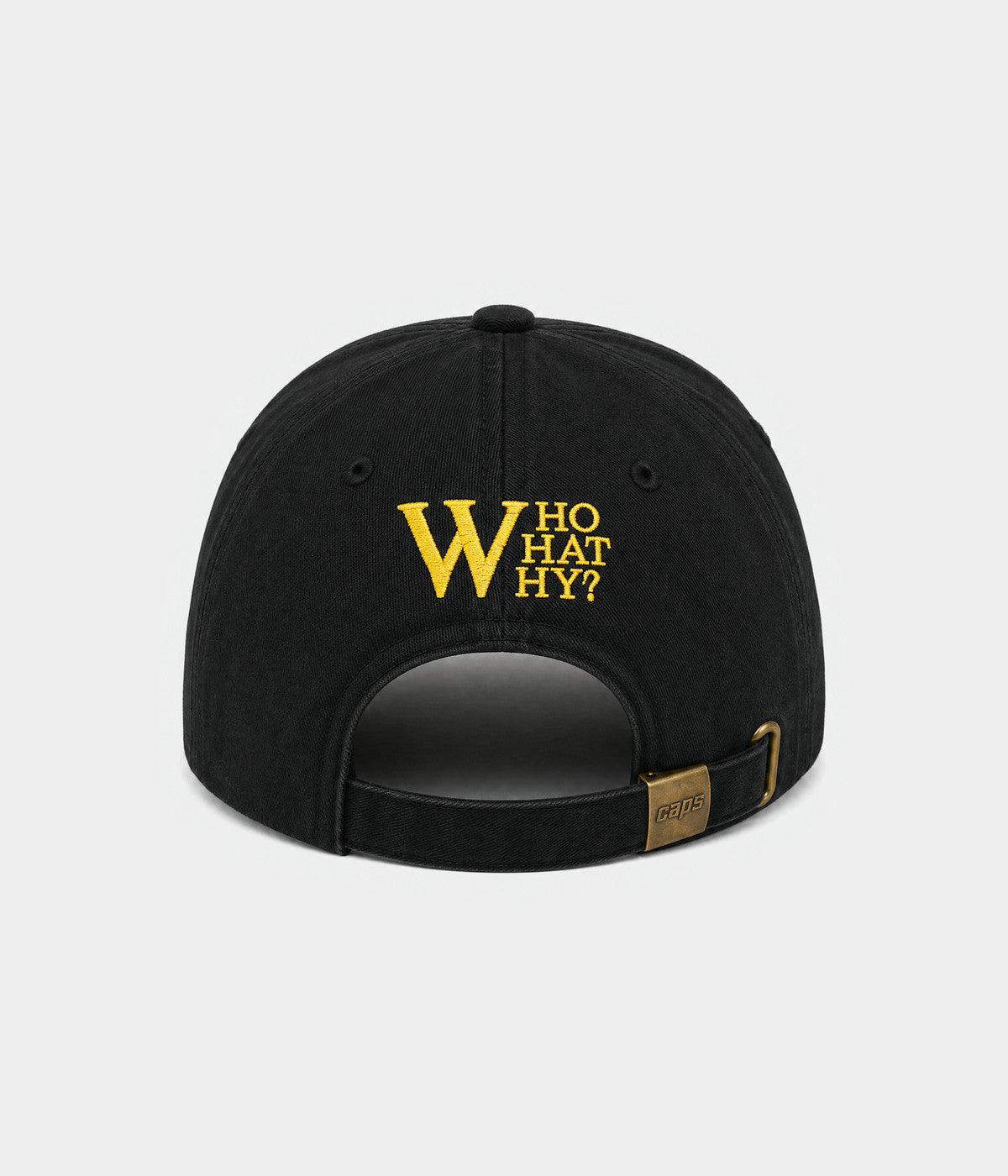 WHO WHAT WHY. washed cotton cap in black, back view