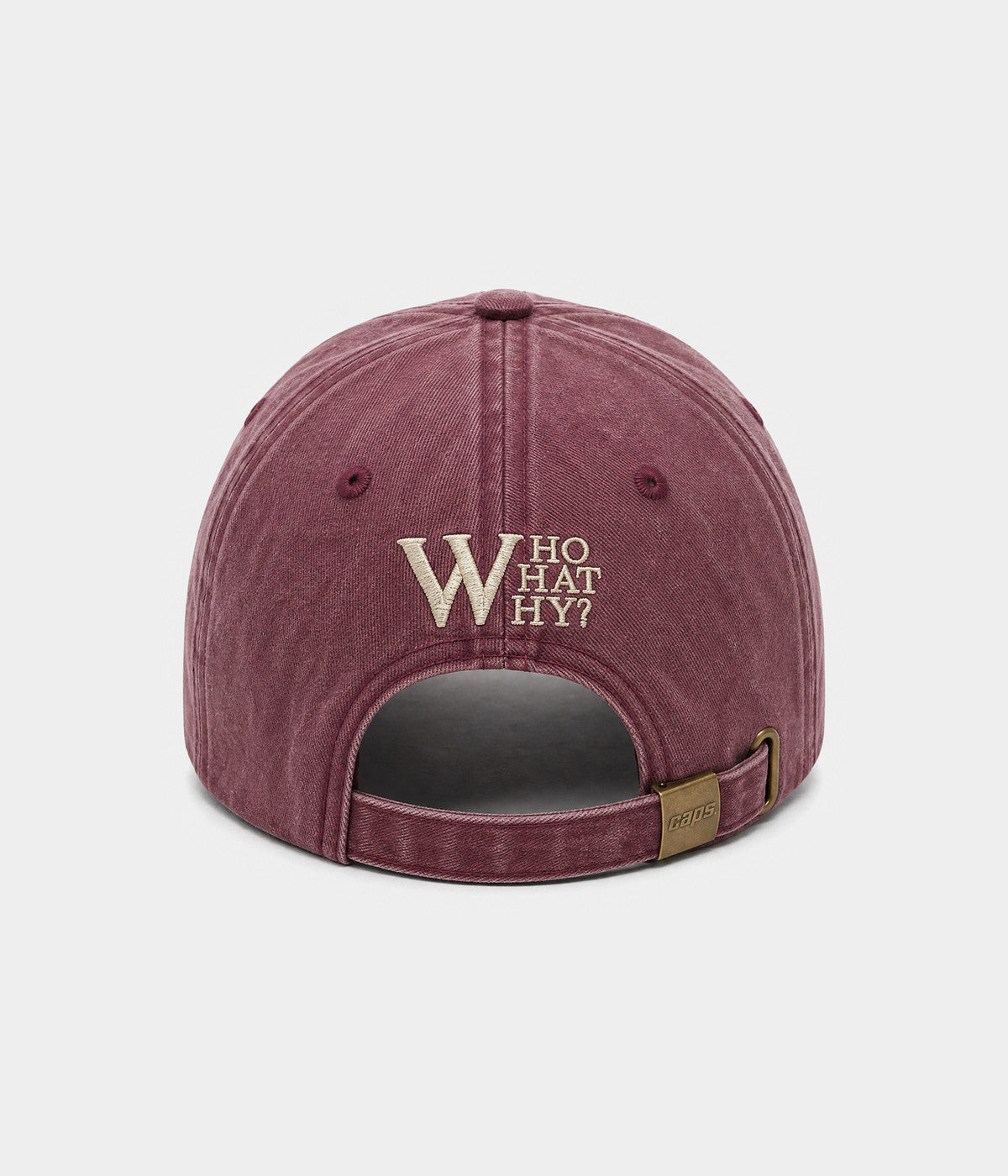 WHO WHAT WHY. washed cotton cap in burgundy, back view