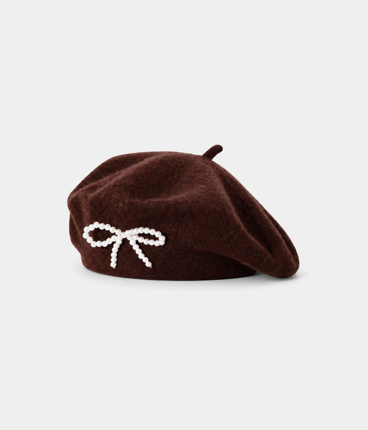 PEARL BOW BERET. wool beret in BROWN, front view