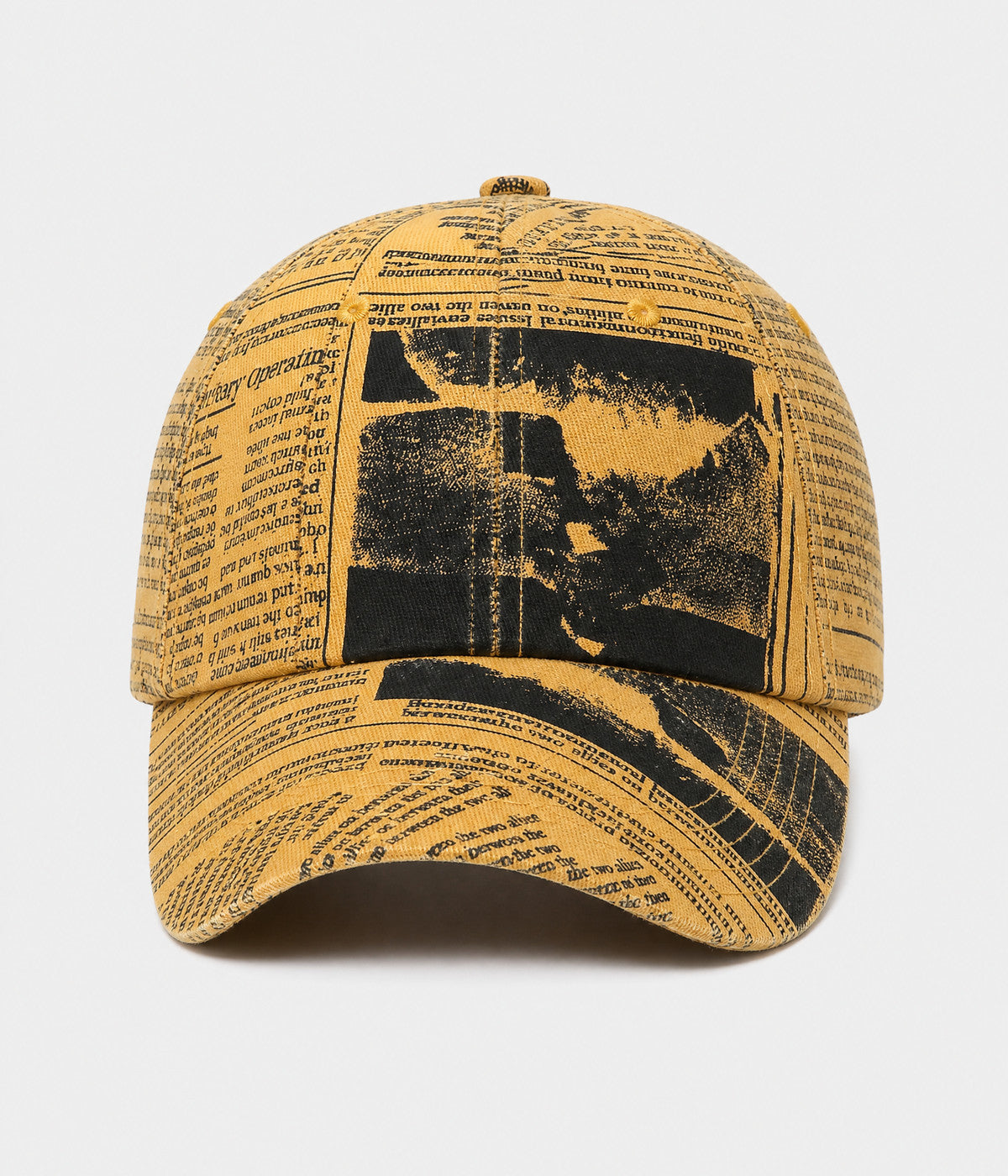 NEWSPRINT. cotton twill newsprint-print cap in yellow, front view