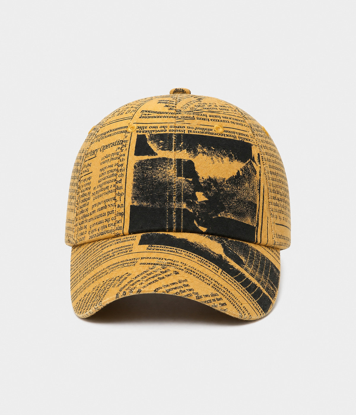 NEWSPRINT. cotton twill newsprint-print cap in yellow, front view
