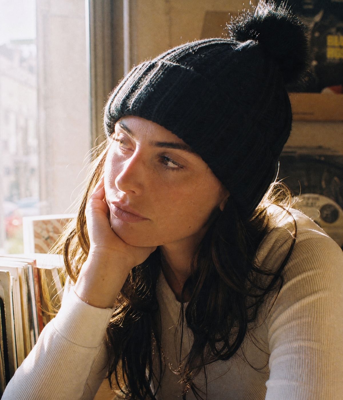 SATIN POMPOM BEANIE.