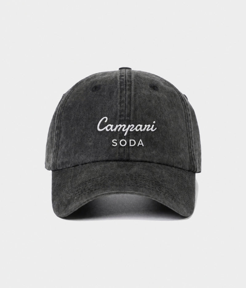 CAMPARI SODA. washed black cotton dad cap with embroidered Campari Soda wordmark, front view
