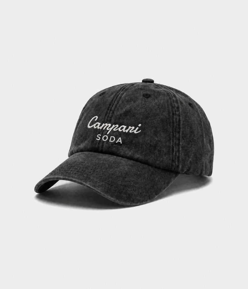 CAMPARI SODA. washed black cotton dad cap with embroidered Campari Soda wordmark, side view