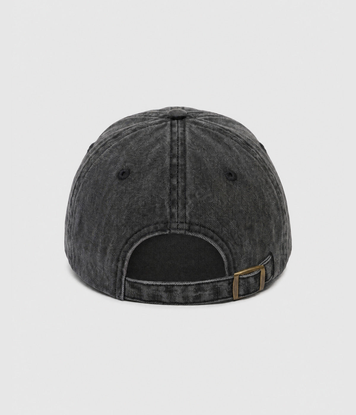 CUSTOM TWILL CAP vintage washed black cotton twill dad cap with antique brass slider buckle, back view