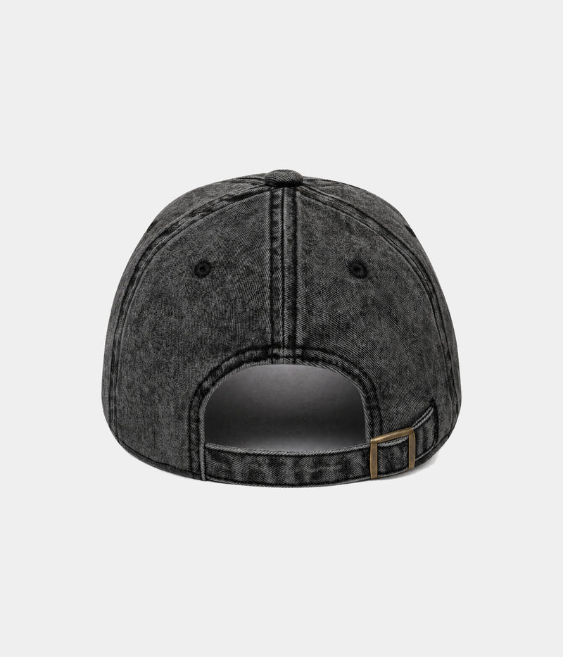 CUSTOM TWILL CAP vintage washed black cotton twill dad cap with antique brass slider buckle, back view