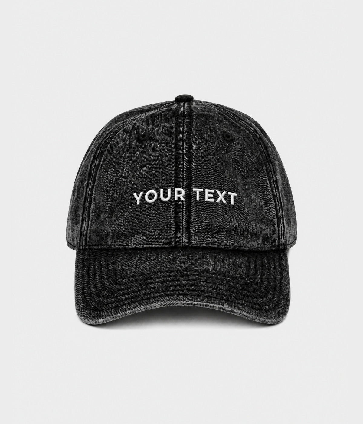 CUSTOM TWILL CAP vintage washed black cotton twill dad cap with custom front embroidery, front view