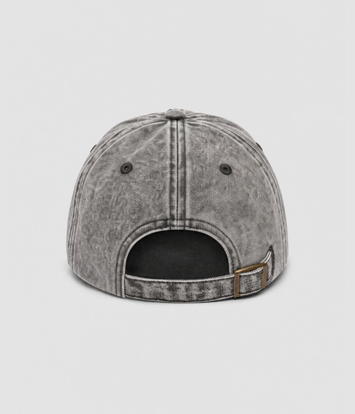 CUSTOM TWILL CAP vintage washed charcoal grey cotton twill dad cap with antique brass slider buckle, back view