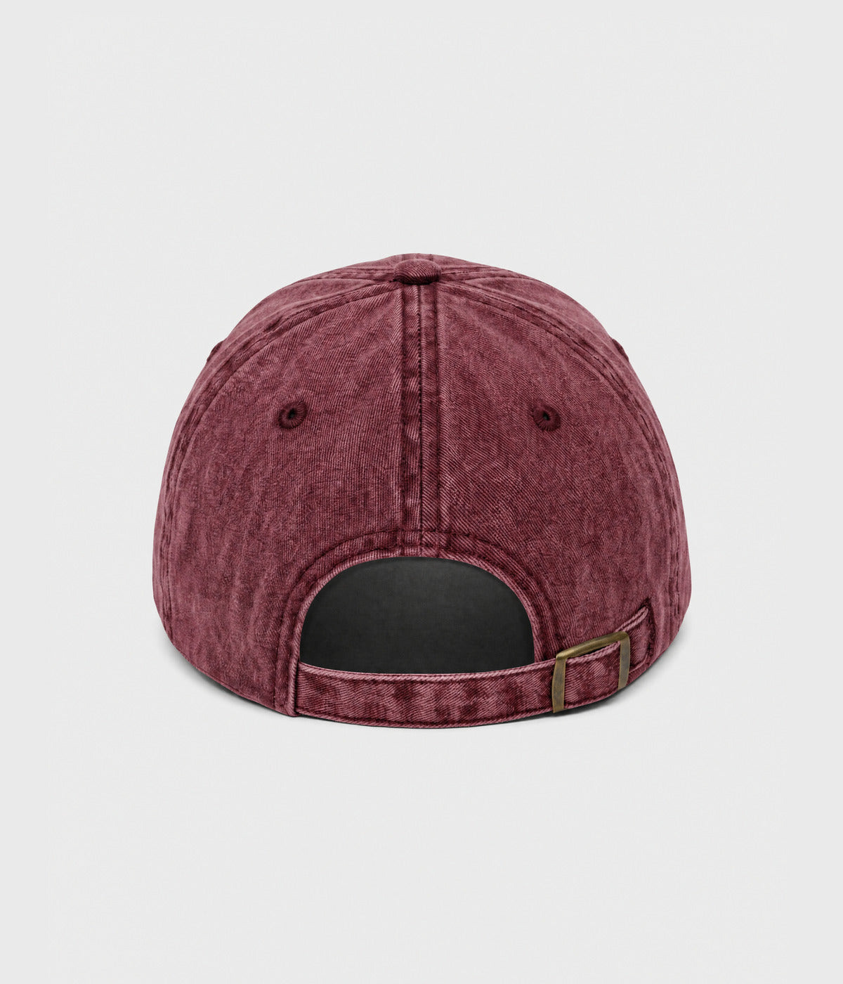 CUSTOM TWILL CAP vintage washed maroon cotton twill dad cap with antique brass slider buckle, back view