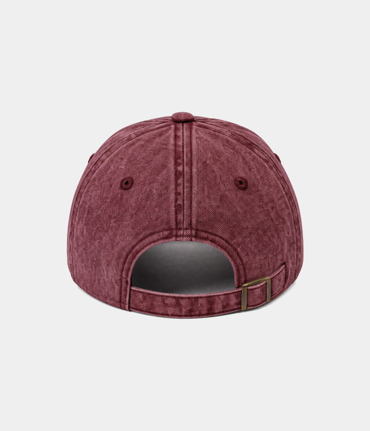 CUSTOM TWILL CAP vintage washed maroon cotton twill dad cap with antique brass slider buckle, back view