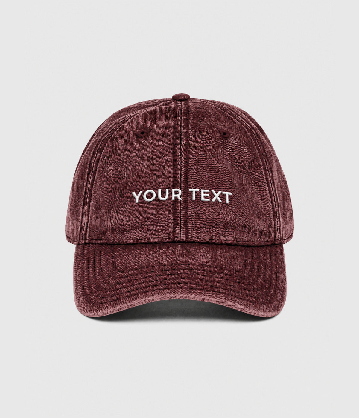 CUSTOM TWILL CAP vintage washed maroon cotton twill dad cap with custom front embroidery, front view