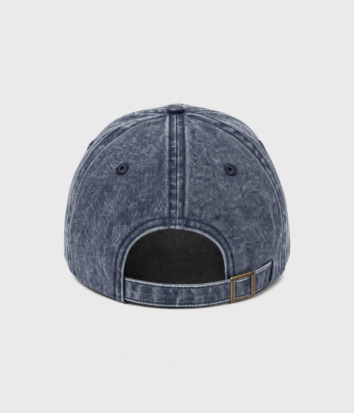 CUSTOM TWILL CAP vintage washed navy cotton twill dad cap with antique brass slider buckle, back view