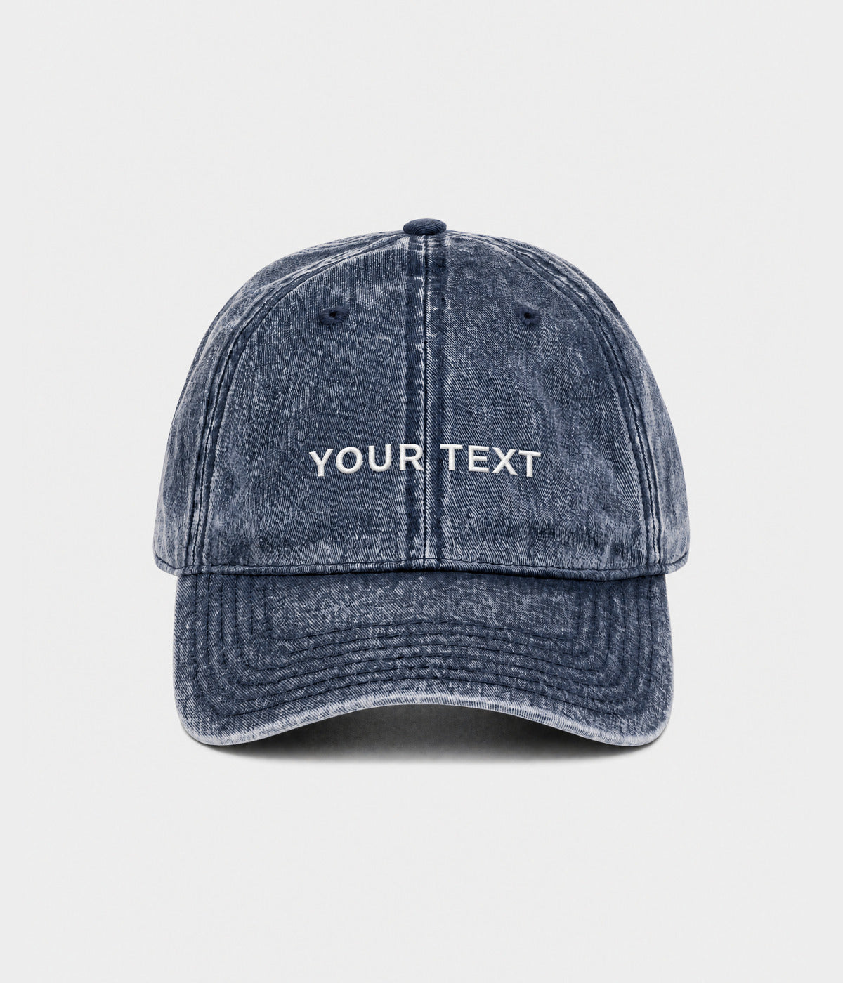 CUSTOM TWILL CAP vintage washed navy cotton twill dad cap with custom front embroidery, front view