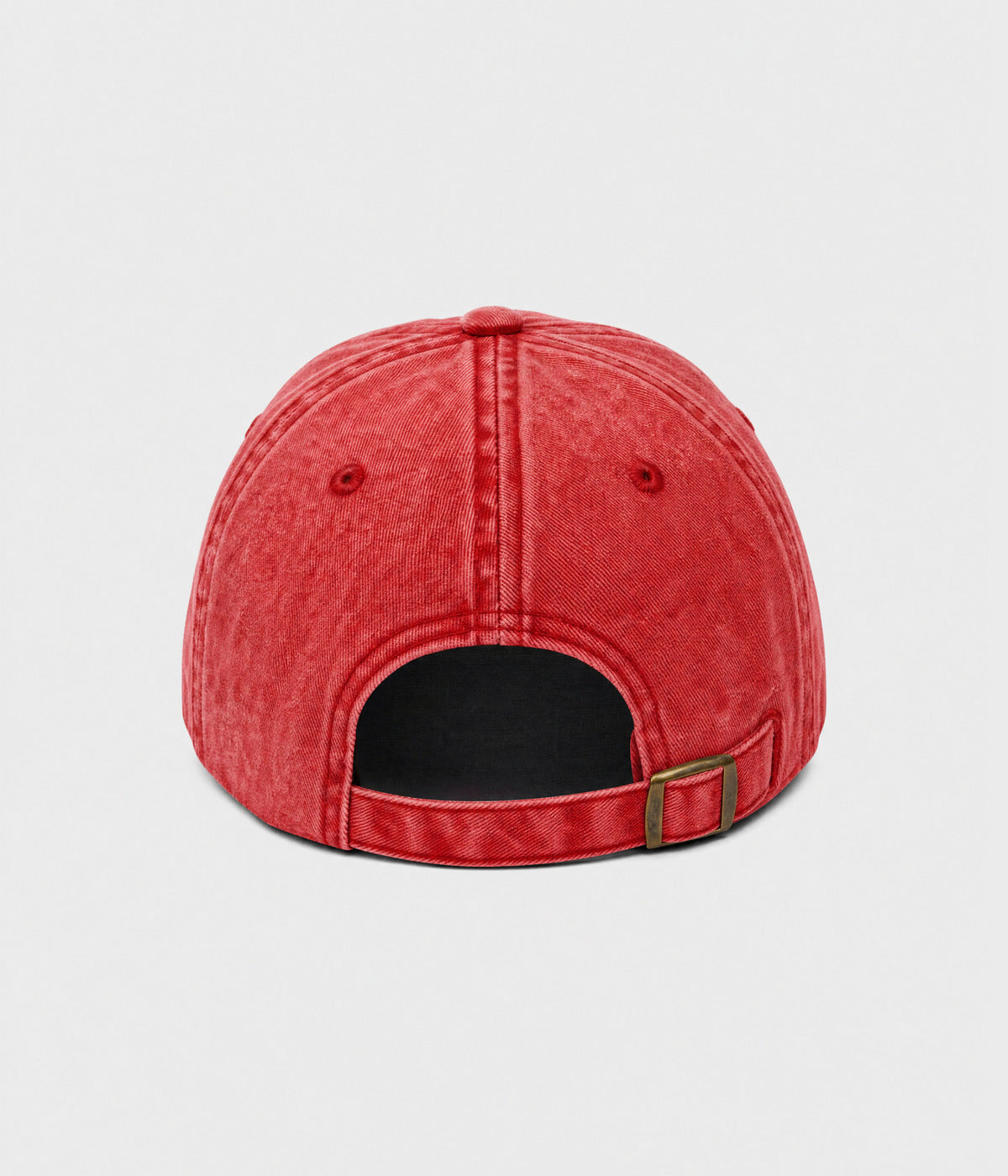 CUSTOM TWILL CAP vintage washed red cotton twill dad cap with antique brass slider buckle, back view