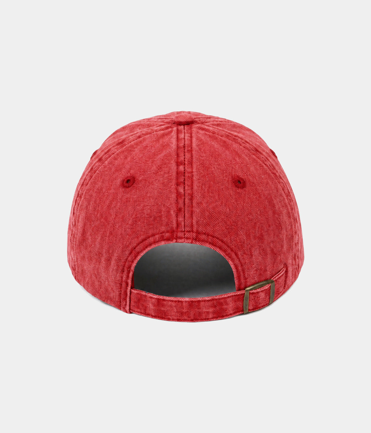 CUSTOM TWILL CAP vintage washed red cotton twill dad cap with antique brass slider buckle, back view