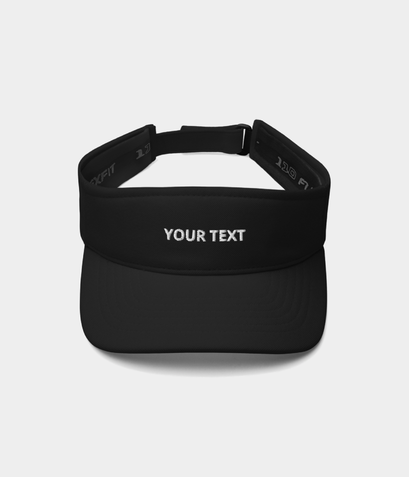 Black visor with cCAPS Apparel Custom Black Visor Front Viewustomizable text on a light gray background