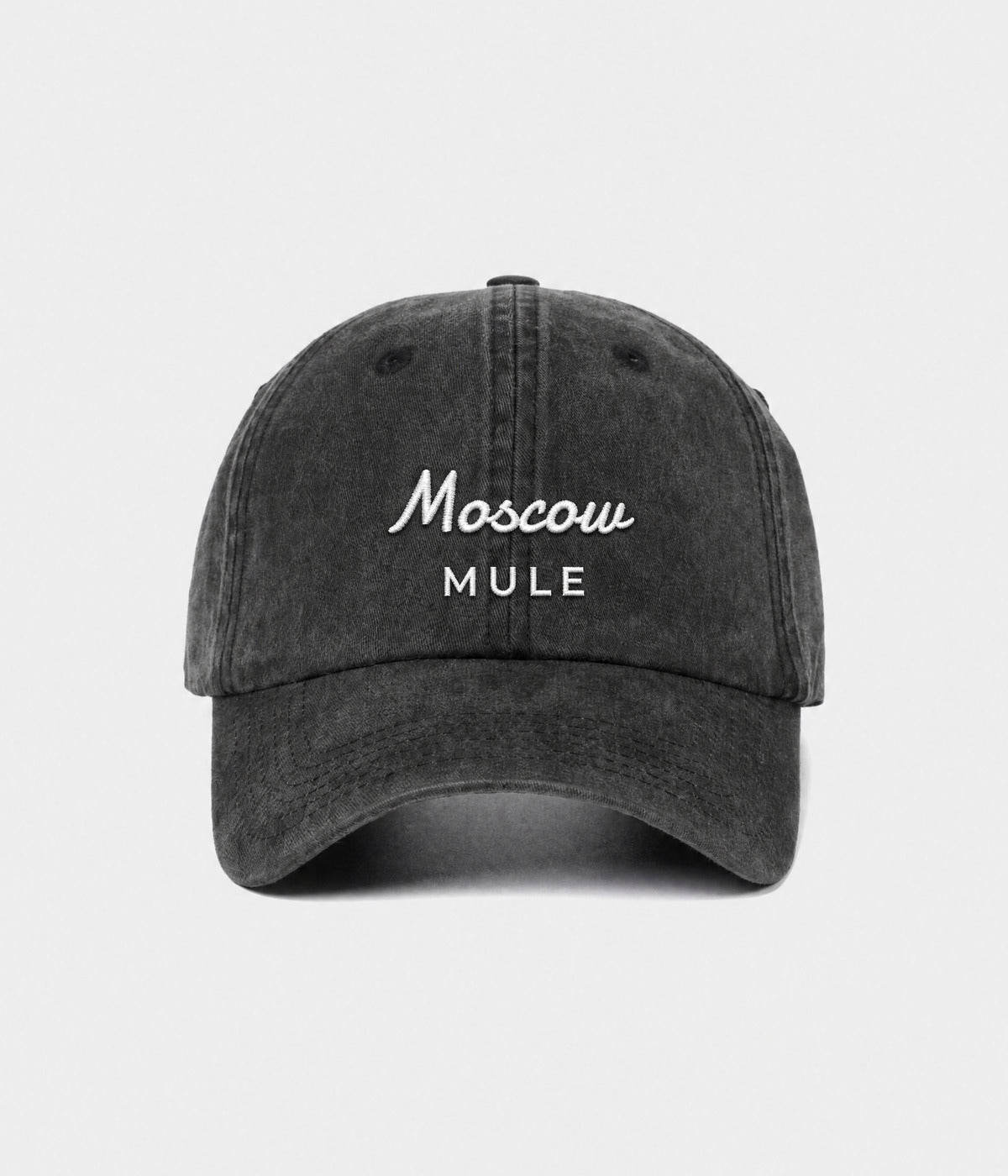 MOSCOW MULE. washed black cotton dad cap with embroidered Moscow Mule wordmark, front view