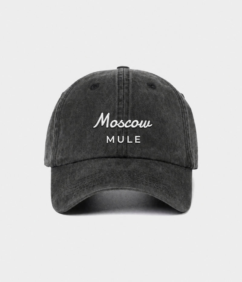 MOSCOW MULE. washed black cotton dad cap with embroidered Moscow Mule wordmark, front view
