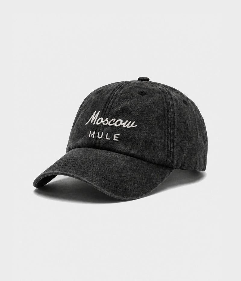 MOSCOW MULE. washed black cotton dad cap with embroidered Moscow Mule wordmark, side view