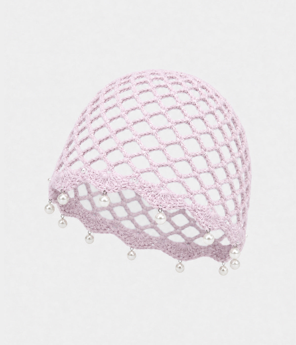 PEARL CROCHET CAP. open-mesh crochet cloche with pearl trim in light pink, front view