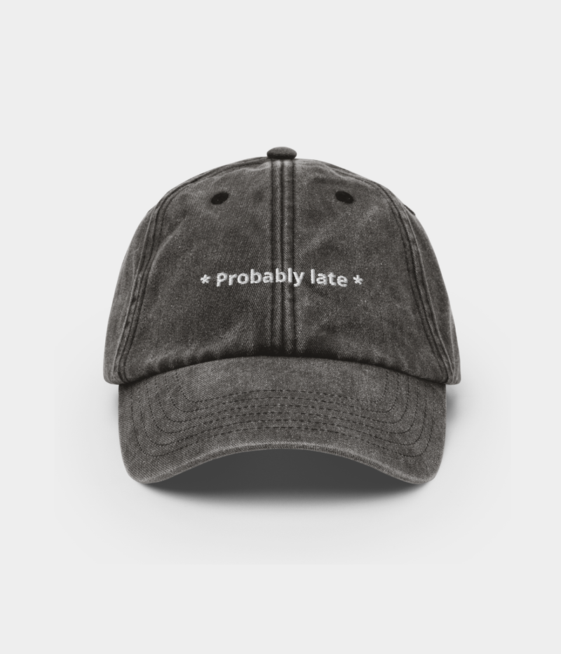 Black cap with 'NCAPS Apparel Probably Late Black Cap Front ViewO' text on a white background