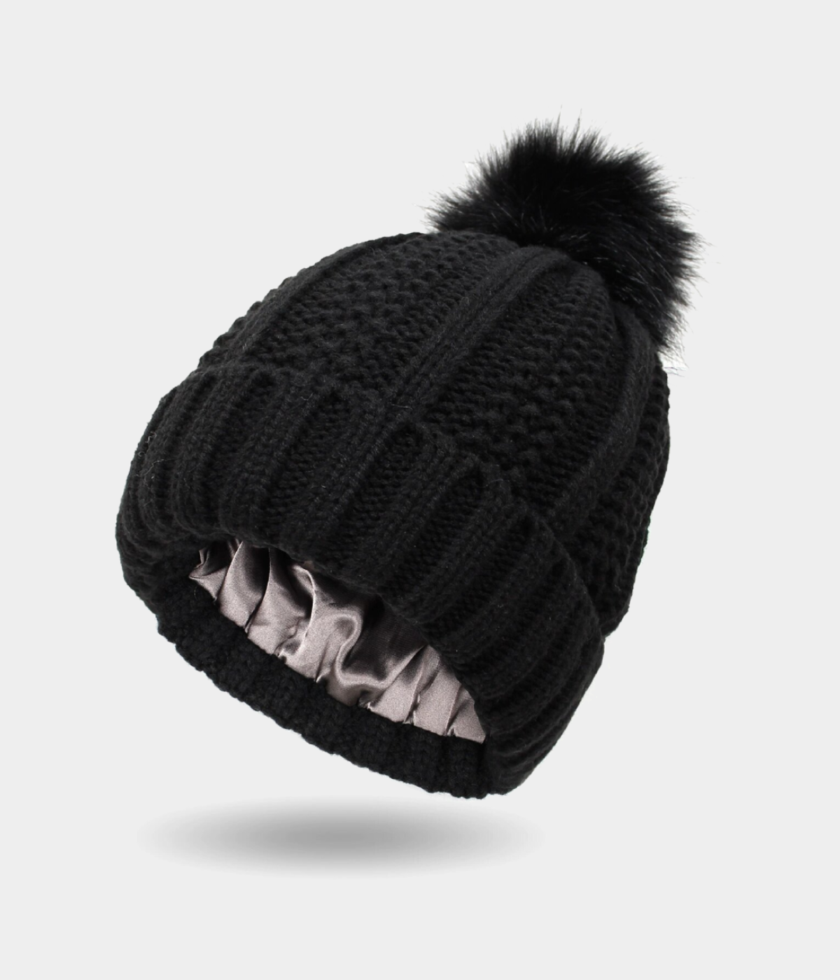 SATIN POMPOM BEANIE.