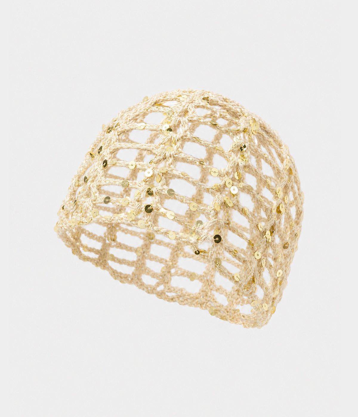 SEQUIN CROCHET CAP. open-work sequin crochet cap in beige, front view