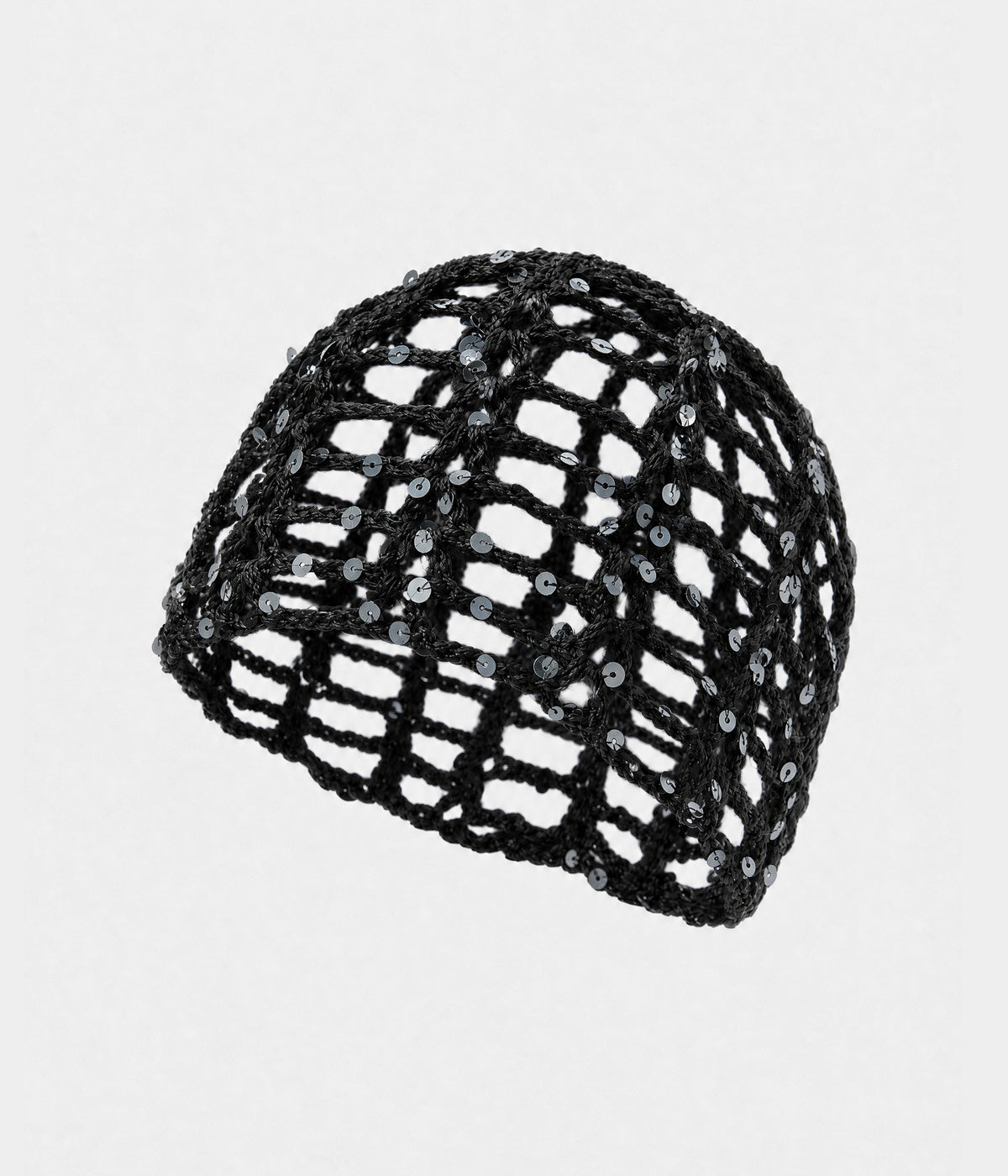 SEQUIN CROCHET CAP. open-work sequin crochet cap in black, front view
