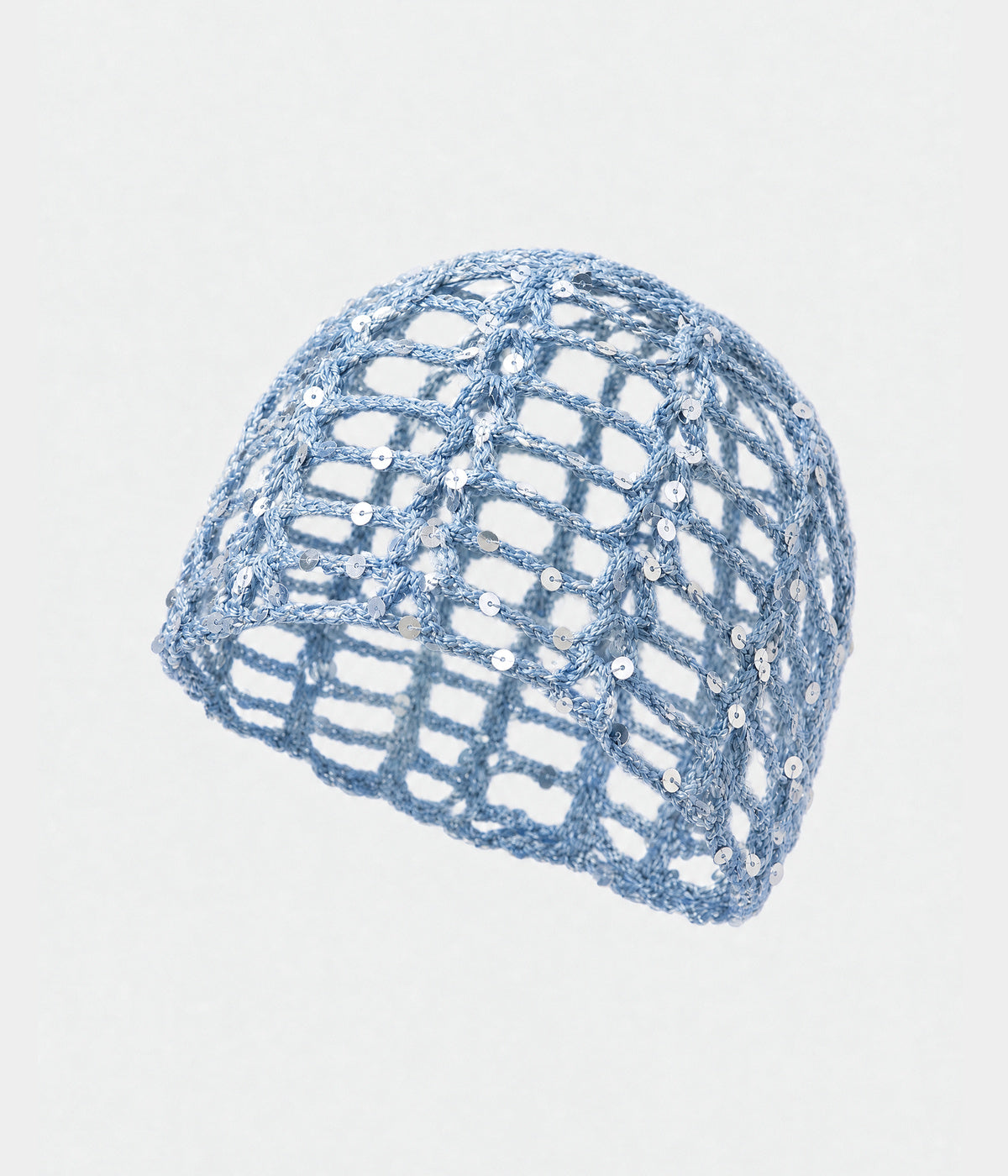 SEQUIN CROCHET CAP. open-work sequin crochet cap in blue, front view