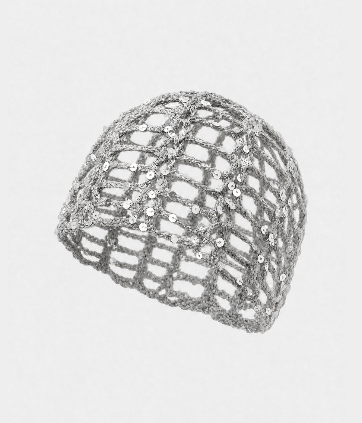 SEQUIN CROCHET CAP. open-work sequin crochet cap in gray, front view