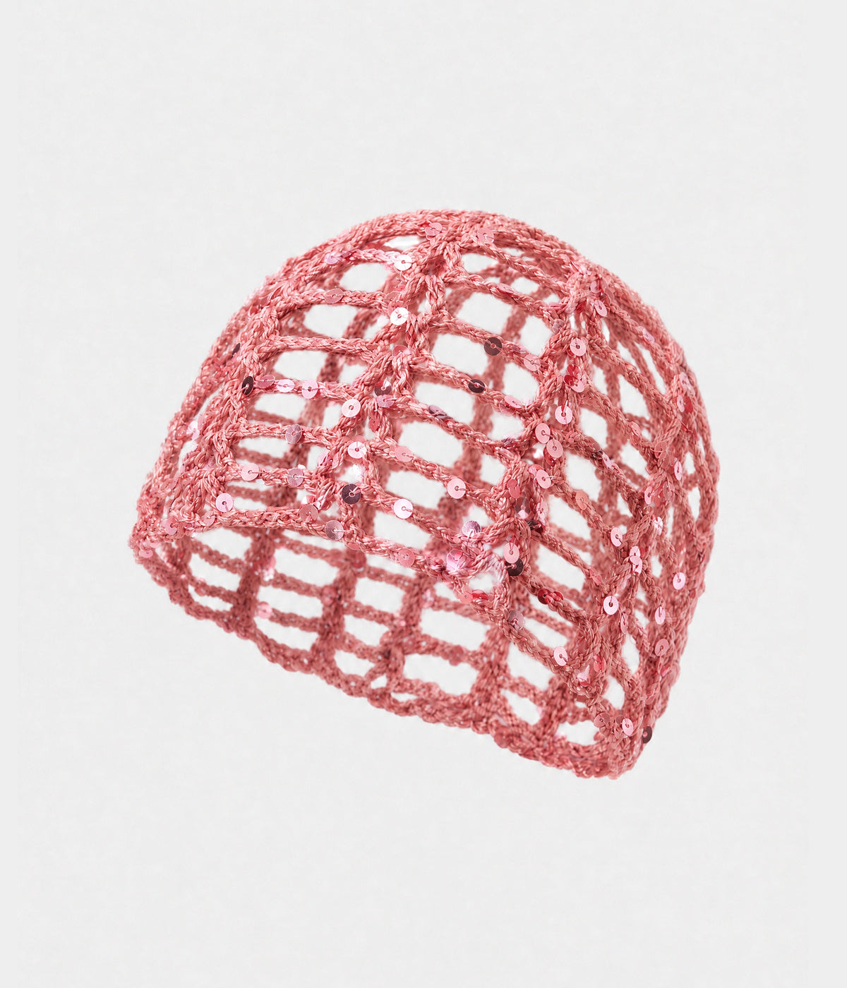 SEQUIN CROCHET CAP. open-work sequin crochet cap in pink, front view