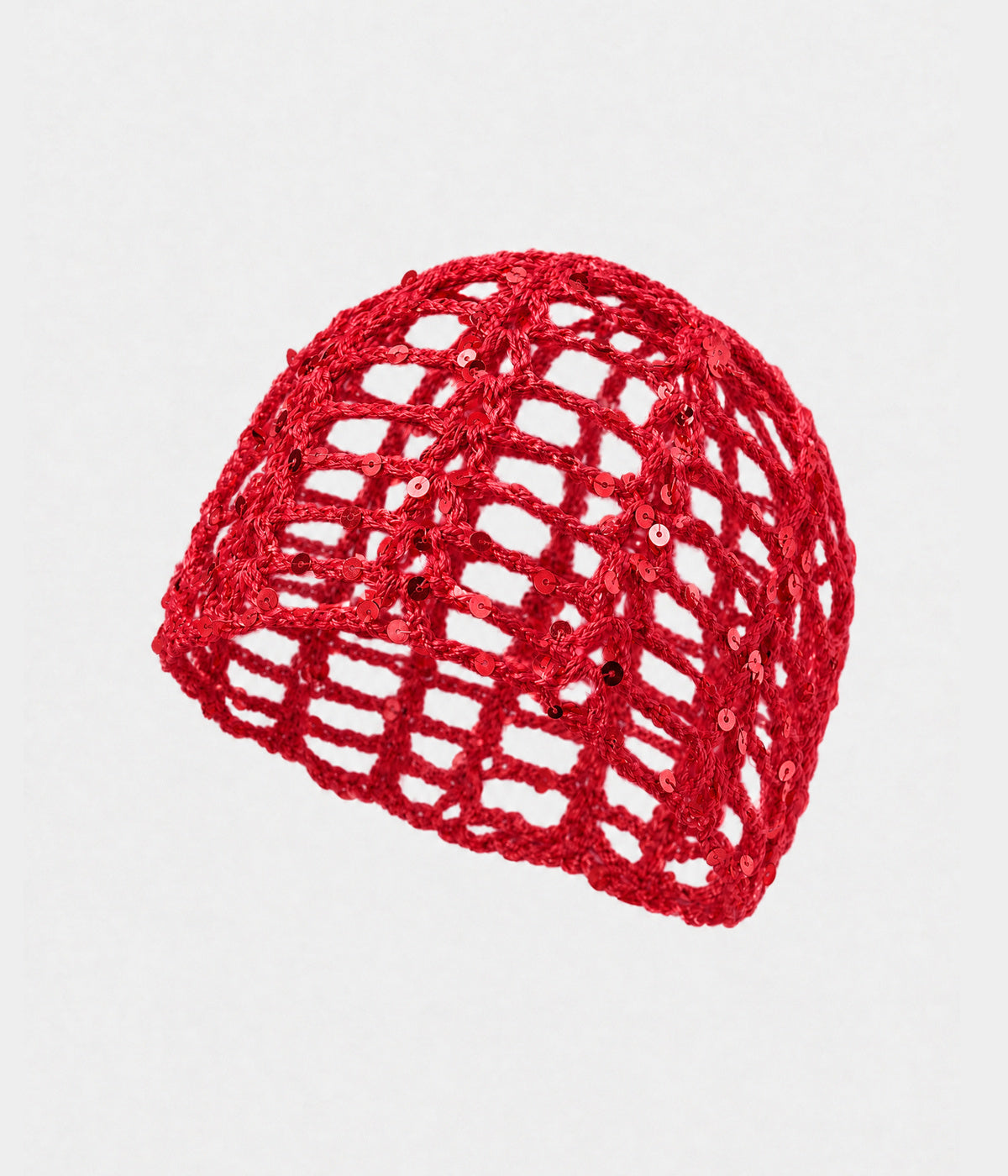 SEQUIN CROCHET CAP. open-work sequin crochet cap in red, front view