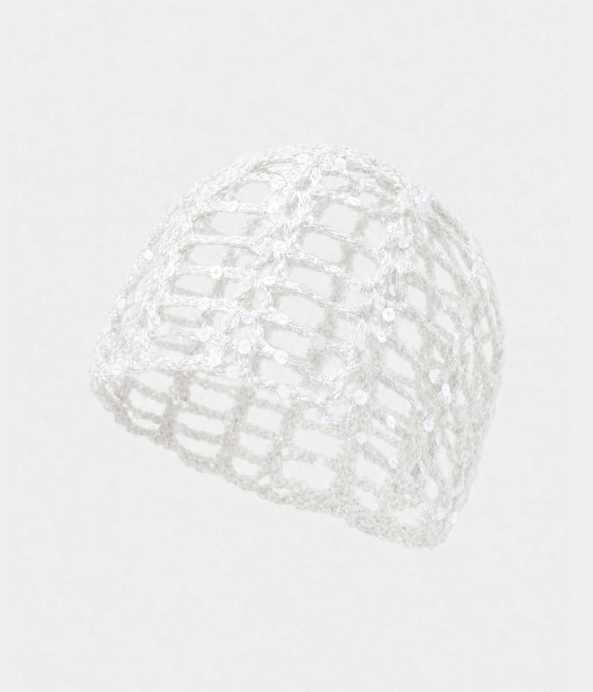 SEQUIN CROCHET CAP. open-work sequin crochet cap in white, front view