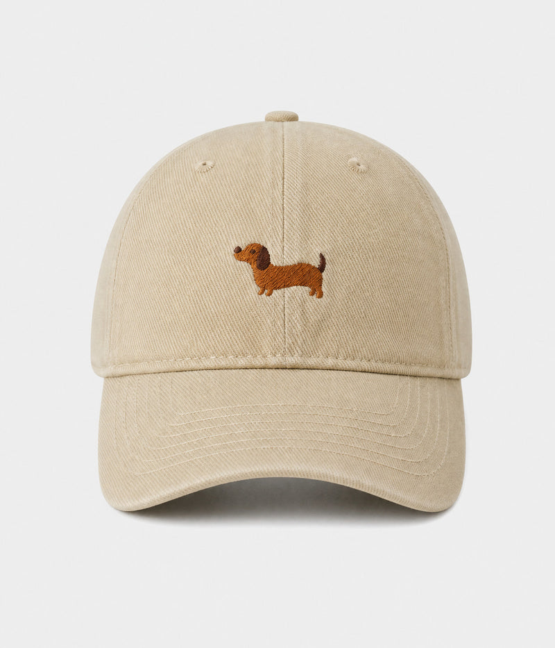 SAUSAGE DOG. washed cotton cap in beige, front view