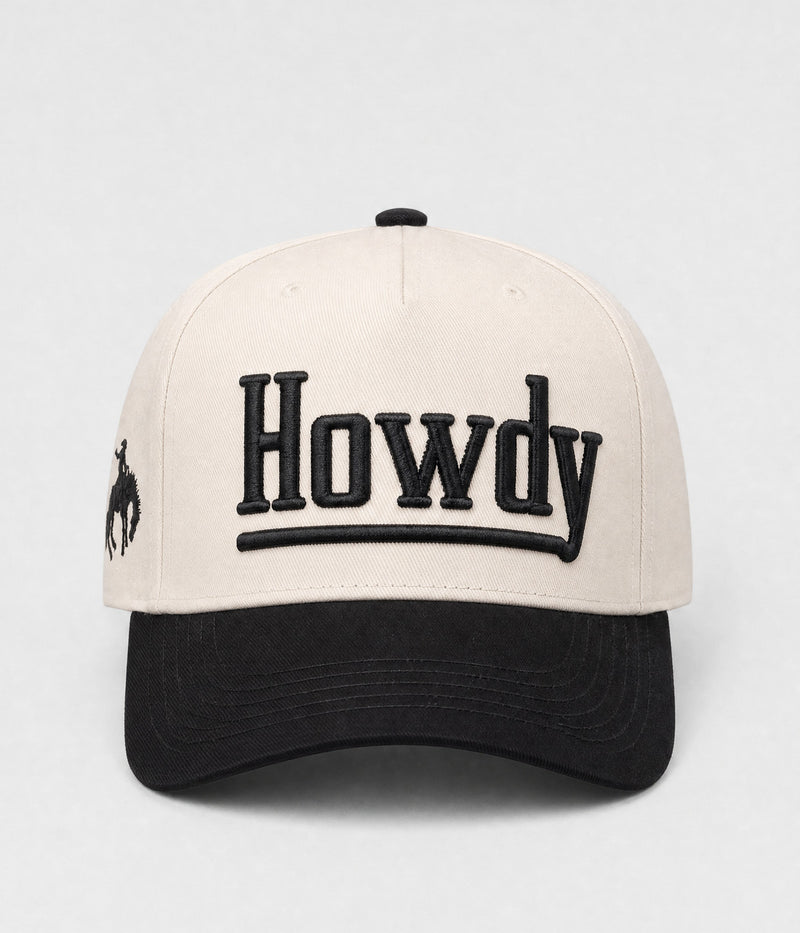 HOWDY SNAPBACK. structured cream cotton snapback cap in BLACK, front view