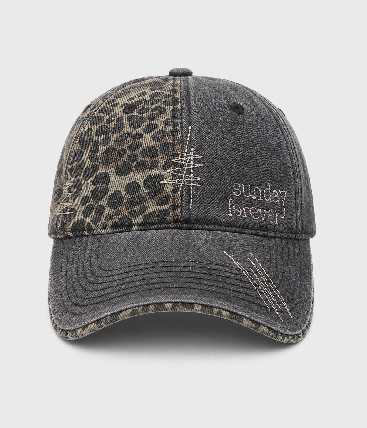 SUNDAY FOREVER. washed half-leopard dad cap in BLACK, front view