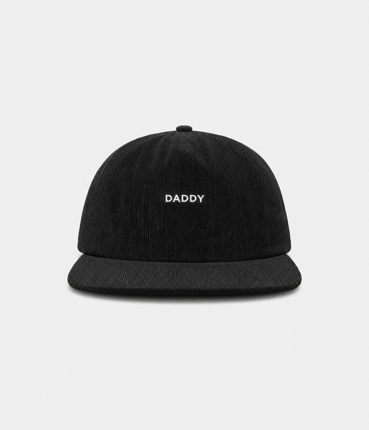 FLAT BRIM DADDY. black corduroy cap front
