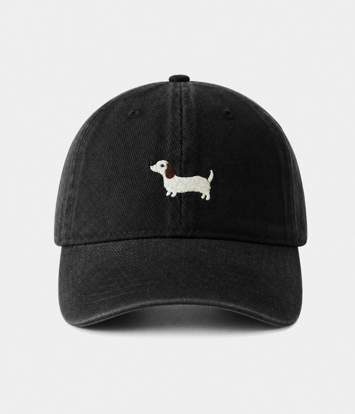 SAUSAGE DOG. washed cotton cap in black, front view
