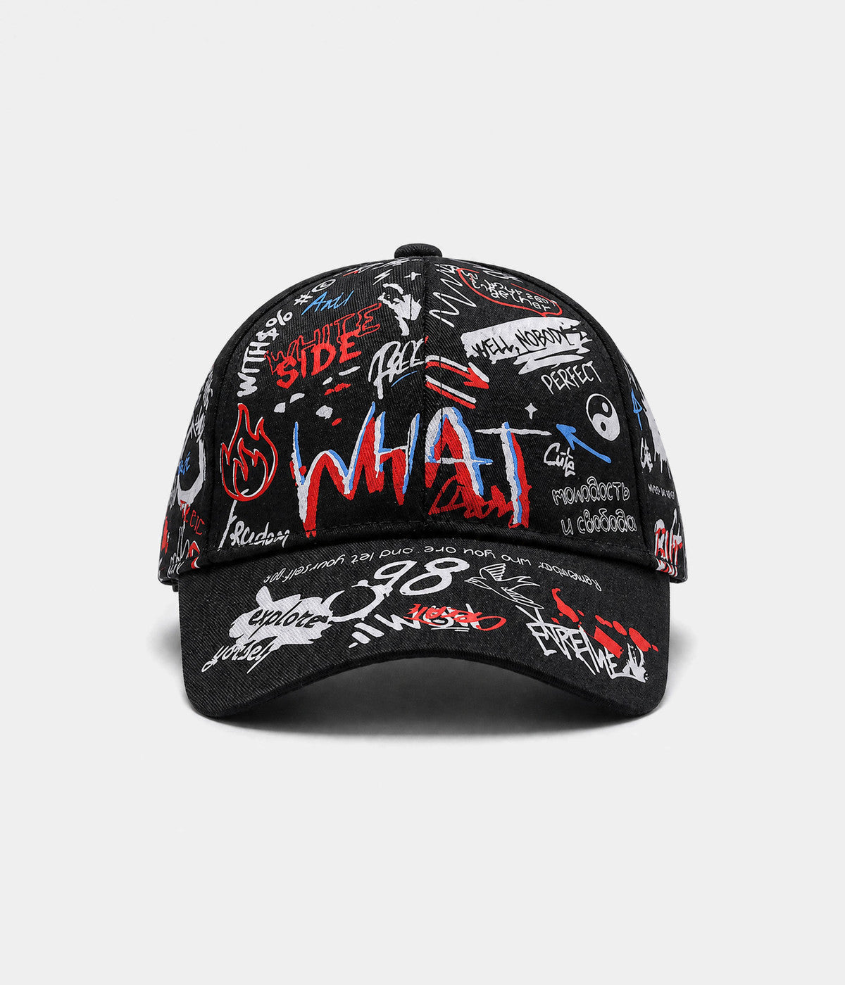 GRAFFITI CAP. printed cap in BLACK/RED, front view