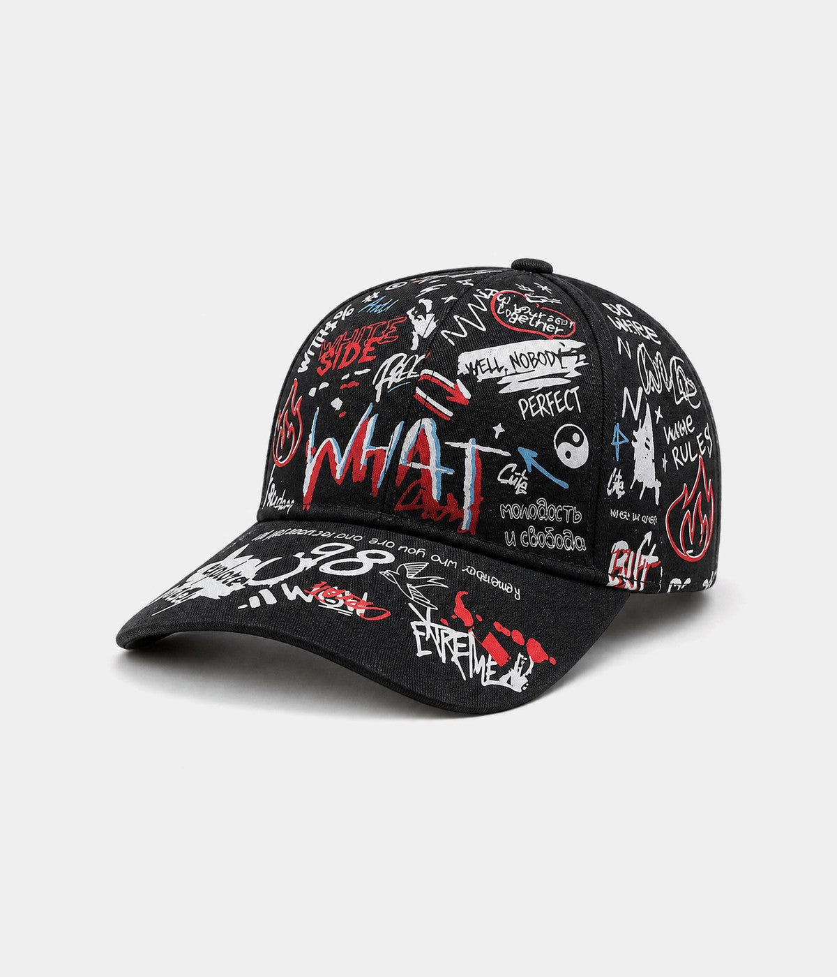 GRAFFITI CAP. printed cap in BLACK/RED, side view