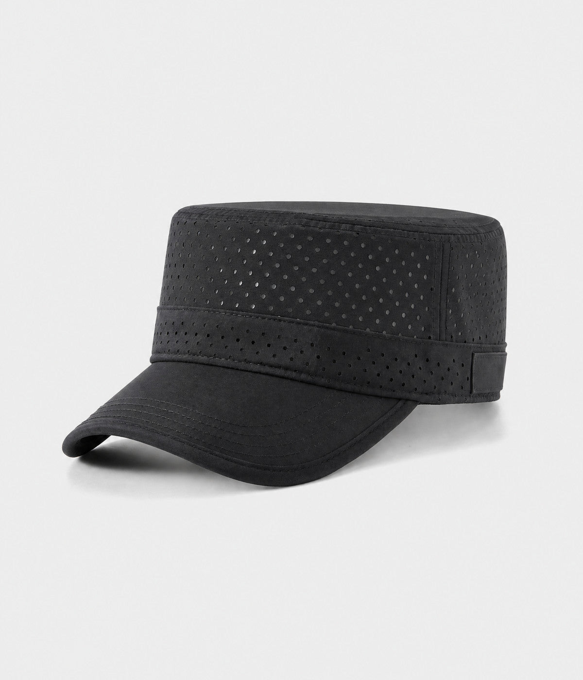 VENTED CADET. perforated cadet cap in black, side view